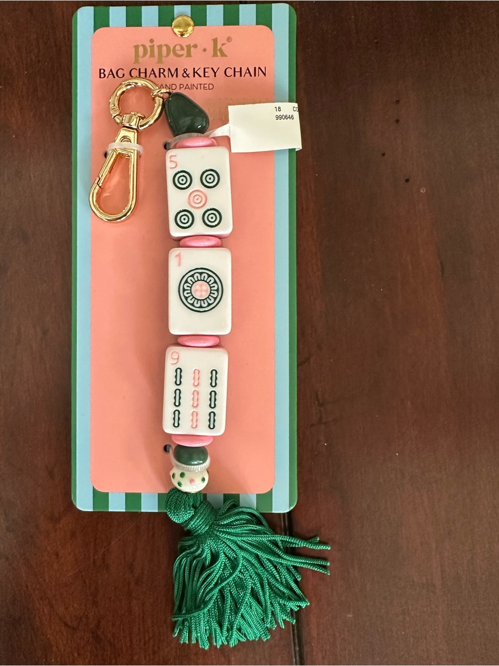 NWT Piper K whimsical pink green mahjong game tile motif keychain bag charm